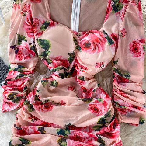 New Bodycon, Sexy, Midi, Club, Party, Square Neck, Puff Sleeves, Stretch Sheath  Floral Draped Midi Dress CODE: KAR1212