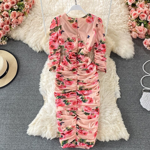 New Bodycon, Sexy, Midi, Club, Party, Square Neck, Puff Sleeves, Stretch Sheath  Floral Draped Midi Dress CODE: KAR1212