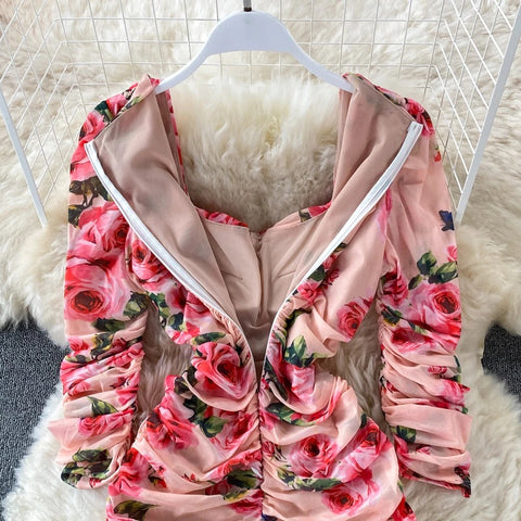 New Bodycon, Sexy, Midi, Club, Party, Square Neck, Puff Sleeves, Stretch Sheath  Floral Draped Midi Dress CODE: KAR1212