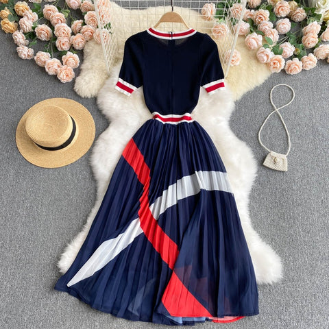 New Summer Collection Long Pleated Round Neck Short Sleeve Dress CODE: KAR1214