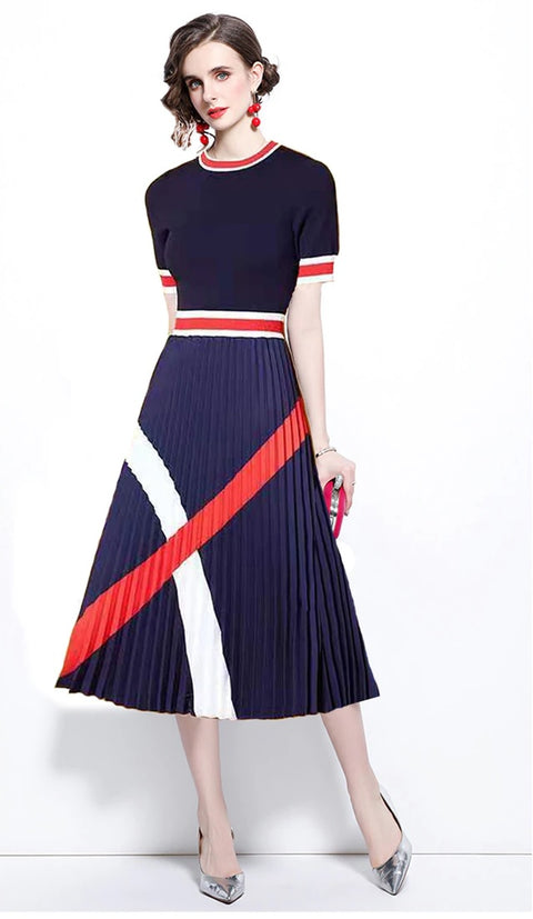 New Summer Collection Long Pleated Round Neck Short Sleeve Dress CODE: KAR1214