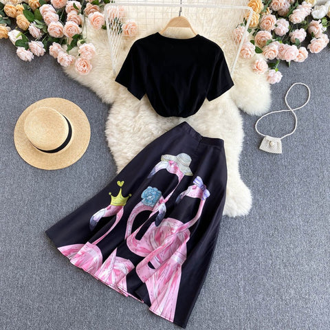 New Black T-Shirt Top, Long Midi Skirt, Two Piece Set CODE: KAR1216