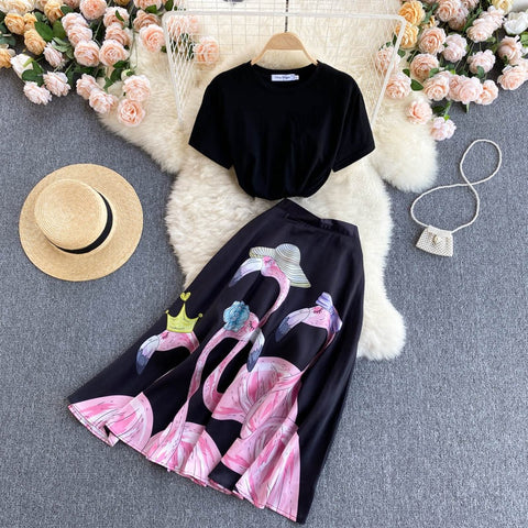 New Black T-Shirt Top, Long Midi Skirt, Two Piece Set CODE: KAR1216