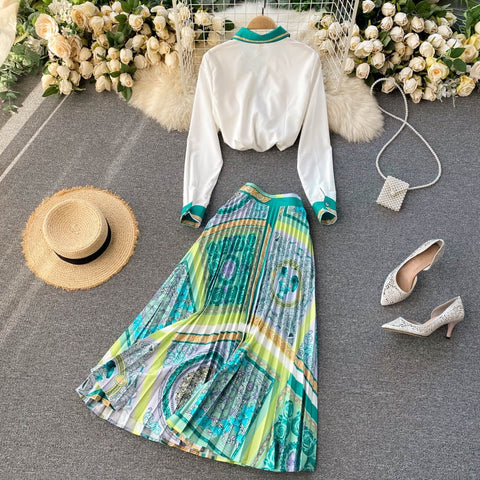 New Long Sleeve  Shirt and Midi Pleated Skirt, Two Piece Set CODE: KAR1217