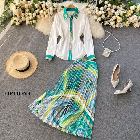New Long Sleeve  Shirt and Midi Pleated Skirt, Two Piece Set CODE: KAR1217