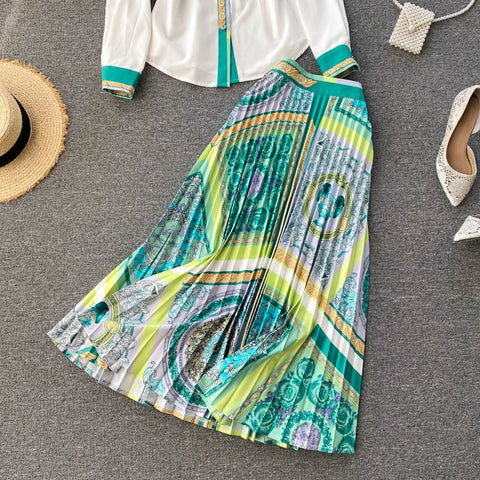 New Long Sleeve  Shirt and Midi Pleated Skirt, Two Piece Set CODE: KAR1217