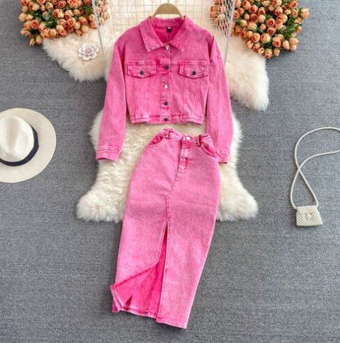 New Short Pink Denim Jacket, Mid Length, High Waist Bag, Hip Skirt, Two Piece Set CODE: KAR1218