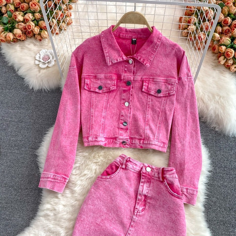 New Short Pink Denim Jacket, Mid Length, High Waist Bag, Hip Skirt, Two Piece Set CODE: KAR1218