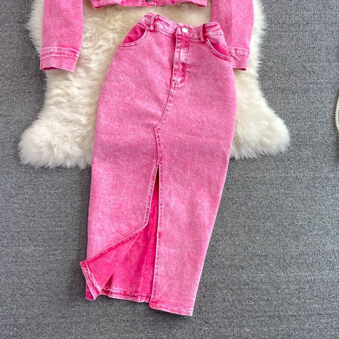 New Short Pink Denim Jacket, Mid Length, High Waist Bag, Hip Skirt, Two Piece Set CODE: KAR1218