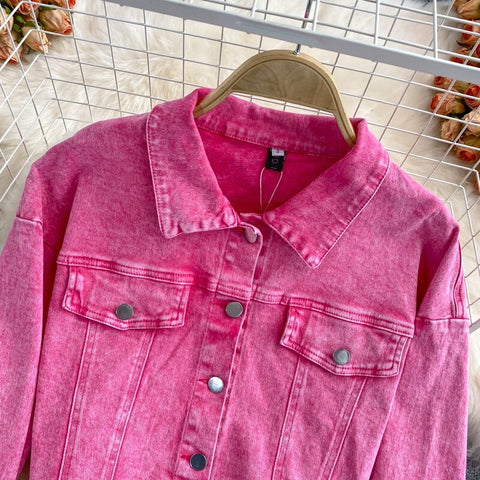 New Short Pink Denim Jacket, Mid Length, High Waist Bag, Hip Skirt, Two Piece Set CODE: KAR1218