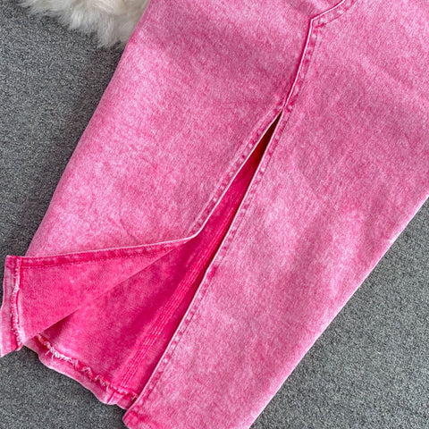 New Short Pink Denim Jacket, Mid Length, High Waist Bag, Hip Skirt, Two Piece Set CODE: KAR1218