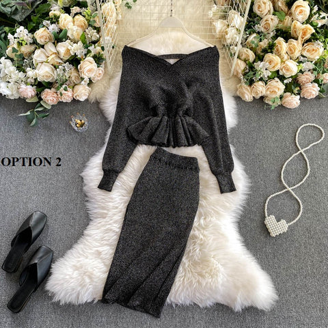 New Crop V-Neck Crop Top Puff Sleeve Elastic High Waist Knit Pleated Skirt Two Piece Set CODE: KAR1221