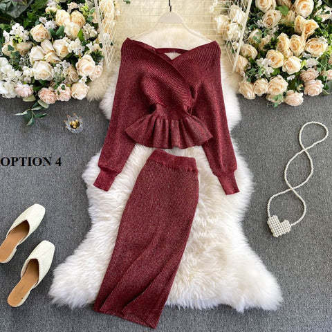 New Crop V-Neck Crop Top Puff Sleeve Elastic High Waist Knit Pleated Skirt Two Piece Set CODE: KAR1221