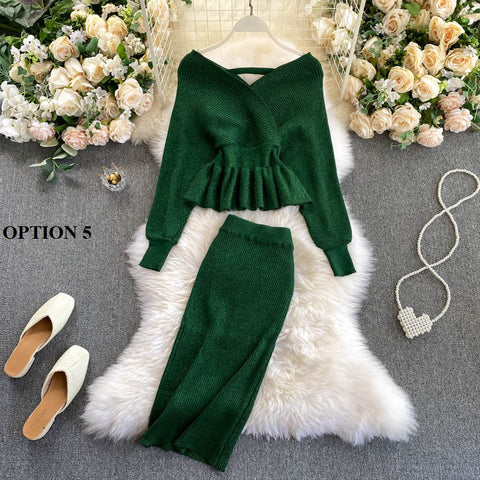 New Crop V-Neck Crop Top Puff Sleeve Elastic High Waist Knit Pleated Skirt Two Piece Set CODE: KAR1221
