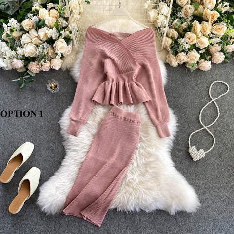 New Crop V-Neck Crop Top Puff Sleeve Elastic High Waist Knit Pleated Skirt Two Piece Set CODE: KAR1221