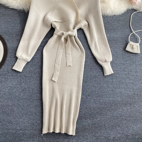 New Shiny, Sexy, V Neck, Puff Sleeves, Elastic Sheath, Solid Color, Bow Sash, Pencil Knit Dress CODE: KAR1222