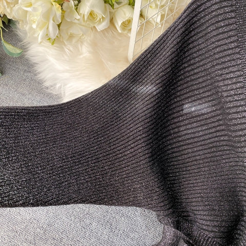 New Shiny, Sexy, V Neck, Puff Sleeves, Elastic Sheath, Solid Color, Bow Sash, Pencil Knit Dress CODE: KAR1222