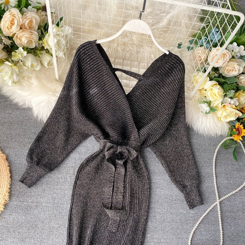New Shiny, Sexy, V Neck, Puff Sleeves, Elastic Sheath, Solid Color, Bow Sash, Pencil Knit Dress CODE: KAR1222