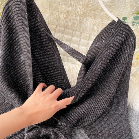 New Shiny, Sexy, V Neck, Puff Sleeves, Elastic Sheath, Solid Color, Bow Sash, Pencil Knit Dress CODE: KAR1222