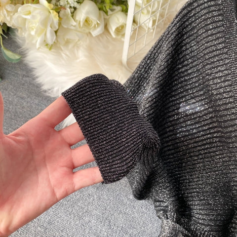New Shiny, Sexy, V Neck, Puff Sleeves, Elastic Sheath, Solid Color, Bow Sash, Pencil Knit Dress CODE: KAR1222