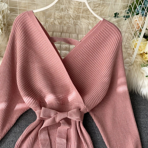 New Shiny, Sexy, V Neck, Puff Sleeves, Elastic Sheath, Solid Color, Bow Sash, Pencil Knit Dress CODE: KAR1222