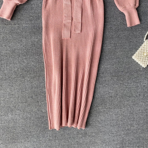 New Shiny, Sexy, V Neck, Puff Sleeves, Elastic Sheath, Solid Color, Bow Sash, Pencil Knit Dress CODE: KAR1222