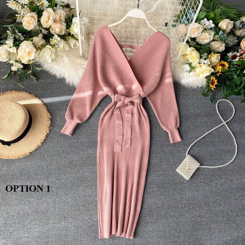 New Shiny, Sexy, V Neck, Puff Sleeves, Elastic Sheath, Solid Color, Bow Sash, Pencil Knit Dress CODE: KAR1222