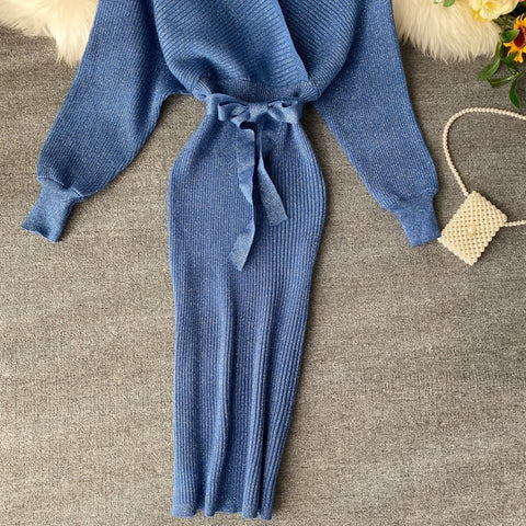 New Shiny, Sexy, V Neck, Puff Sleeves, Elastic Sheath, Solid Color, Bow Sash, Pencil Knit Dress CODE: KAR1222
