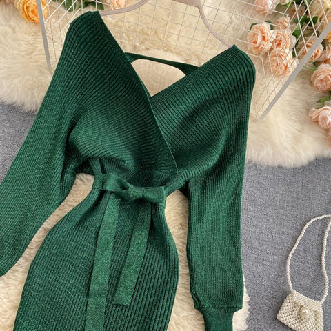 New Shiny, Sexy, V Neck, Puff Sleeves, Elastic Sheath, Solid Color, Bow Sash, Pencil Knit Dress CODE: KAR1222