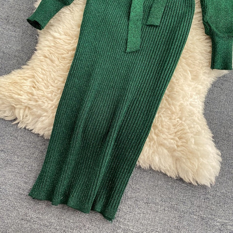 New Shiny, Sexy, V Neck, Puff Sleeves, Elastic Sheath, Solid Color, Bow Sash, Pencil Knit Dress CODE: KAR1222