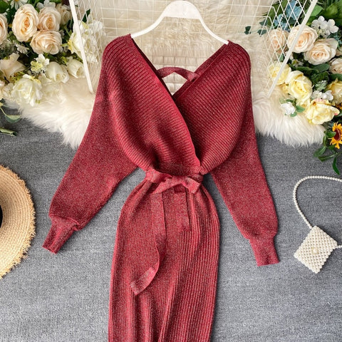 New Shiny, Sexy, V Neck, Puff Sleeves, Elastic Sheath, Solid Color, Bow Sash, Pencil Knit Dress CODE: KAR1222