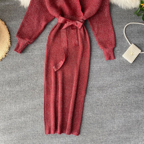 New Shiny, Sexy, V Neck, Puff Sleeves, Elastic Sheath, Solid Color, Bow Sash, Pencil Knit Dress CODE: KAR1222