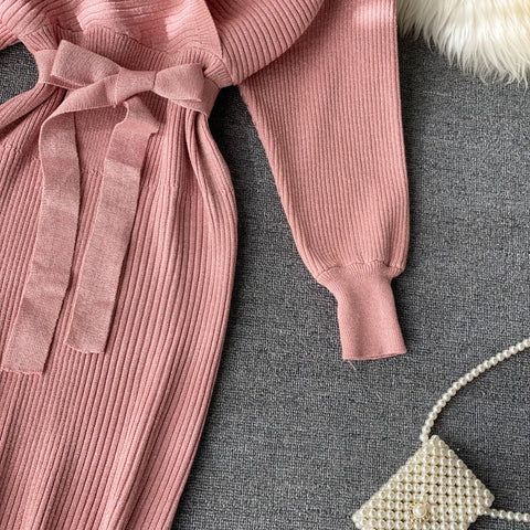 New Shiny, Sexy, V Neck, Puff Sleeves, Elastic Sheath, Solid Color, Bow Sash, Pencil Knit Dress CODE: KAR1222