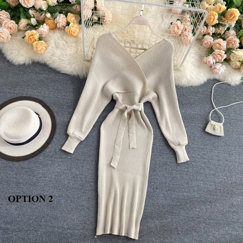 New Shiny, Sexy, V Neck, Puff Sleeves, Elastic Sheath, Solid Color, Bow Sash, Pencil Knit Dress CODE: KAR1222