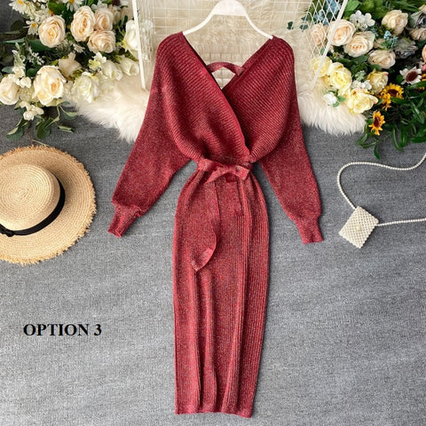 New Shiny, Sexy, V Neck, Puff Sleeves, Elastic Sheath, Solid Color, Bow Sash, Pencil Knit Dress CODE: KAR1222