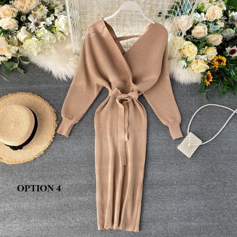 New Shiny, Sexy, V Neck, Puff Sleeves, Elastic Sheath, Solid Color, Bow Sash, Pencil Knit Dress CODE: KAR1222