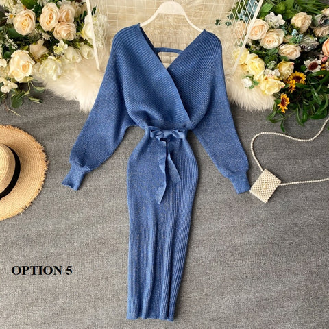 New Shiny, Sexy, V Neck, Puff Sleeves, Elastic Sheath, Solid Color, Bow Sash, Pencil Knit Dress CODE: KAR1222