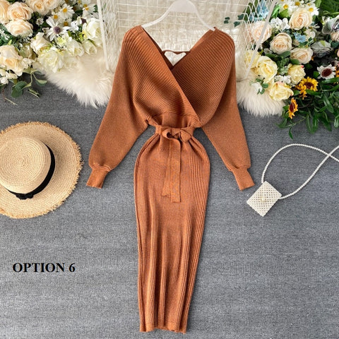 New Shiny, Sexy, V Neck, Puff Sleeves, Elastic Sheath, Solid Color, Bow Sash, Pencil Knit Dress CODE: KAR1222