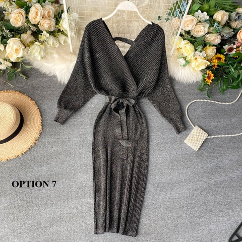 New Shiny, Sexy, V Neck, Puff Sleeves, Elastic Sheath, Solid Color, Bow Sash, Pencil Knit Dress CODE: KAR1222
