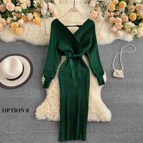 New Shiny, Sexy, V Neck, Puff Sleeves, Elastic Sheath, Solid Color, Bow Sash, Pencil Knit Dress CODE: KAR1222
