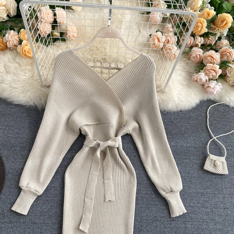 New Shiny, Sexy, V Neck, Puff Sleeves, Elastic Sheath, Solid Color, Bow Sash, Pencil Knit Dress CODE: KAR1222