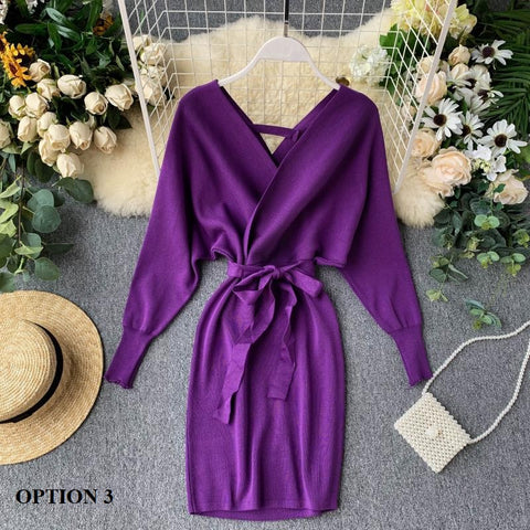 New Winter Collection  Elegant Outfit with Long Batwing Sleeves, V-Neck, Knit Sweater Dress CODE: KAR1223