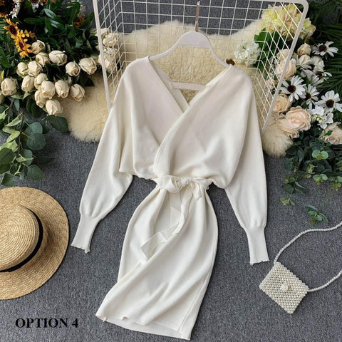 New Winter Collection  Elegant Outfit with Long Batwing Sleeves, V-Neck, Knit Sweater Dress CODE: KAR1223