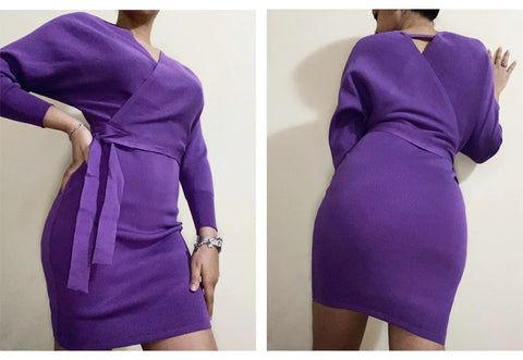 New Winter Collection  Elegant Outfit with Long Batwing Sleeves, V-Neck, Knit Sweater Dress CODE: KAR1223
