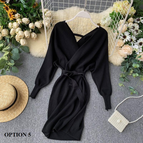 New Winter Collection  Elegant Outfit with Long Batwing Sleeves, V-Neck, Knit Sweater Dress CODE: KAR1223