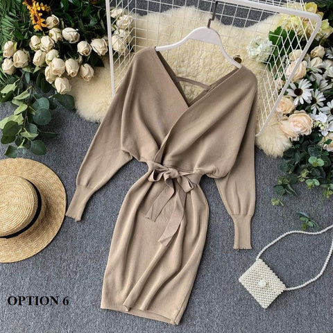 New Winter Collection  Elegant Outfit with Long Batwing Sleeves, V-Neck, Knit Sweater Dress CODE: KAR1223