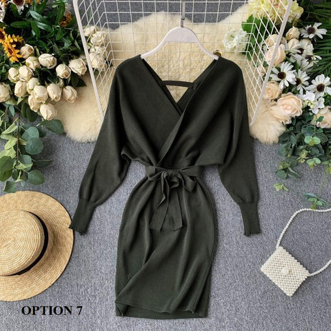 New Winter Collection  Elegant Outfit with Long Batwing Sleeves, V-Neck, Knit Sweater Dress CODE: KAR1223