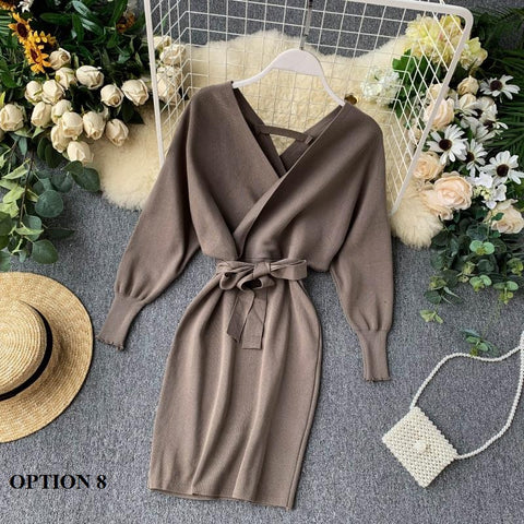 New Winter Collection  Elegant Outfit with Long Batwing Sleeves, V-Neck, Knit Sweater Dress CODE: KAR1223