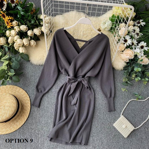 New Winter Collection  Elegant Outfit with Long Batwing Sleeves, V-Neck, Knit Sweater Dress CODE: KAR1223