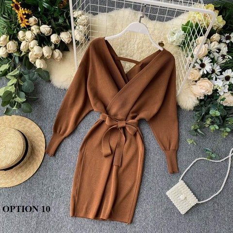 New Winter Collection  Elegant Outfit with Long Batwing Sleeves, V-Neck, Knit Sweater Dress CODE: KAR1223